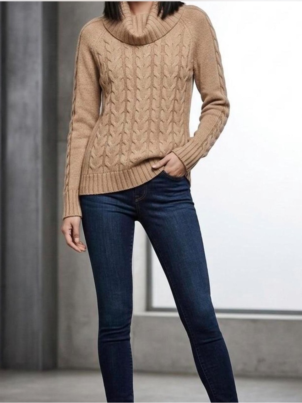 Banana Republic Cable Knit Turtleneck Sweater Beige Camel XS